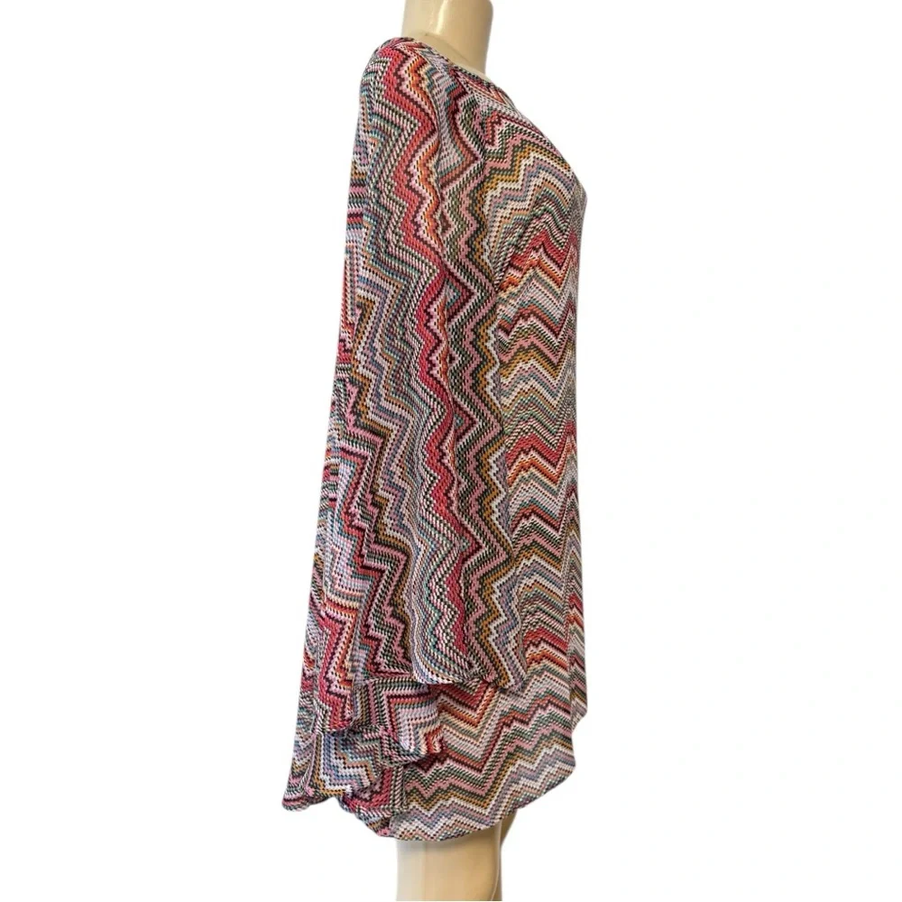 Stella Cruz Pink Multicolored Sheer Chevron Blouse‎ Kimono Flare Sleeve Cover-Up